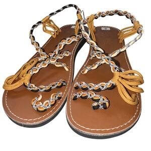 ISLAND TOES SANDALS WOMENS SIZE 8 MULTICOLOR BRAIDED ROPE STRAPPY FLAT BOHO